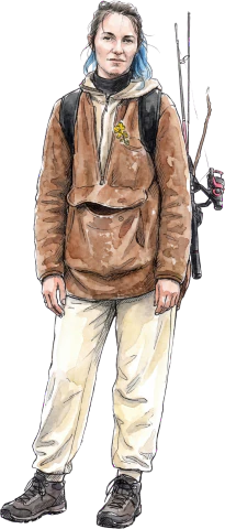 Hiker character illustration, brown anorak and fishing rod