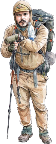 Hiker character illustration, full pack and trekking poles