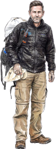 Hiker character illustration, black puffer jacket and large backpack