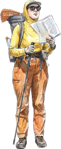 Hiker character illustration, yellow rain jacket and map