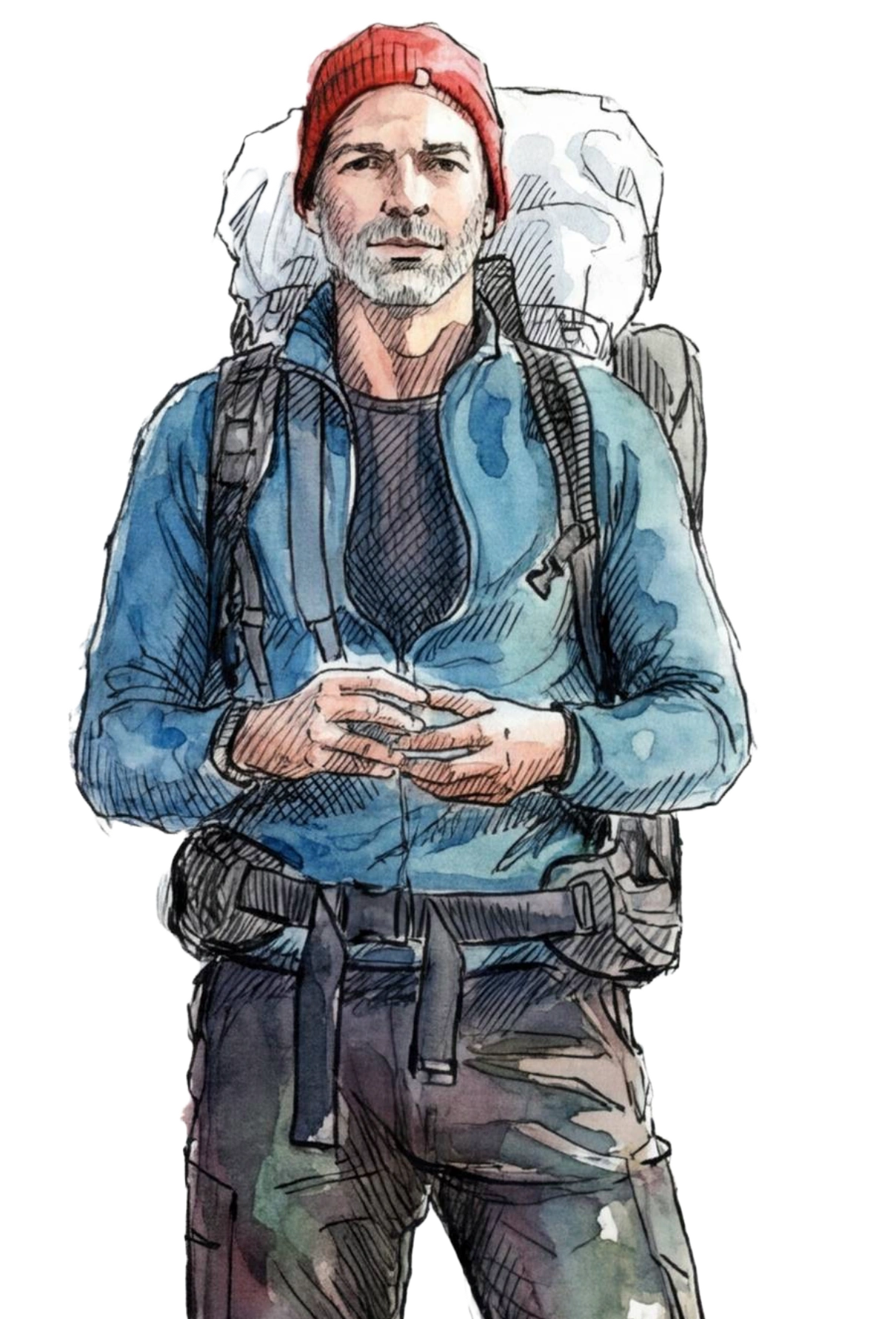 Watercolor illustration of Caspar, the author, carrying his backpack