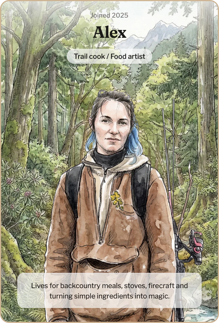 Member card from The Hikers: Alex, trail cook and food artist, illustrated in watercolor standing in a forest