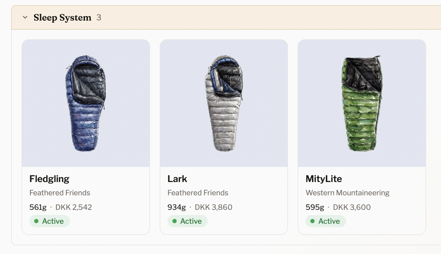 Three sleeping bags in my Garage on The Hikers, drawn in watercolor and shown side by side: the blue Feathered Friends Fledgling, the silver Feathered Friends Lark, and the green Western Mountaineering MityLite, each with its weight and price