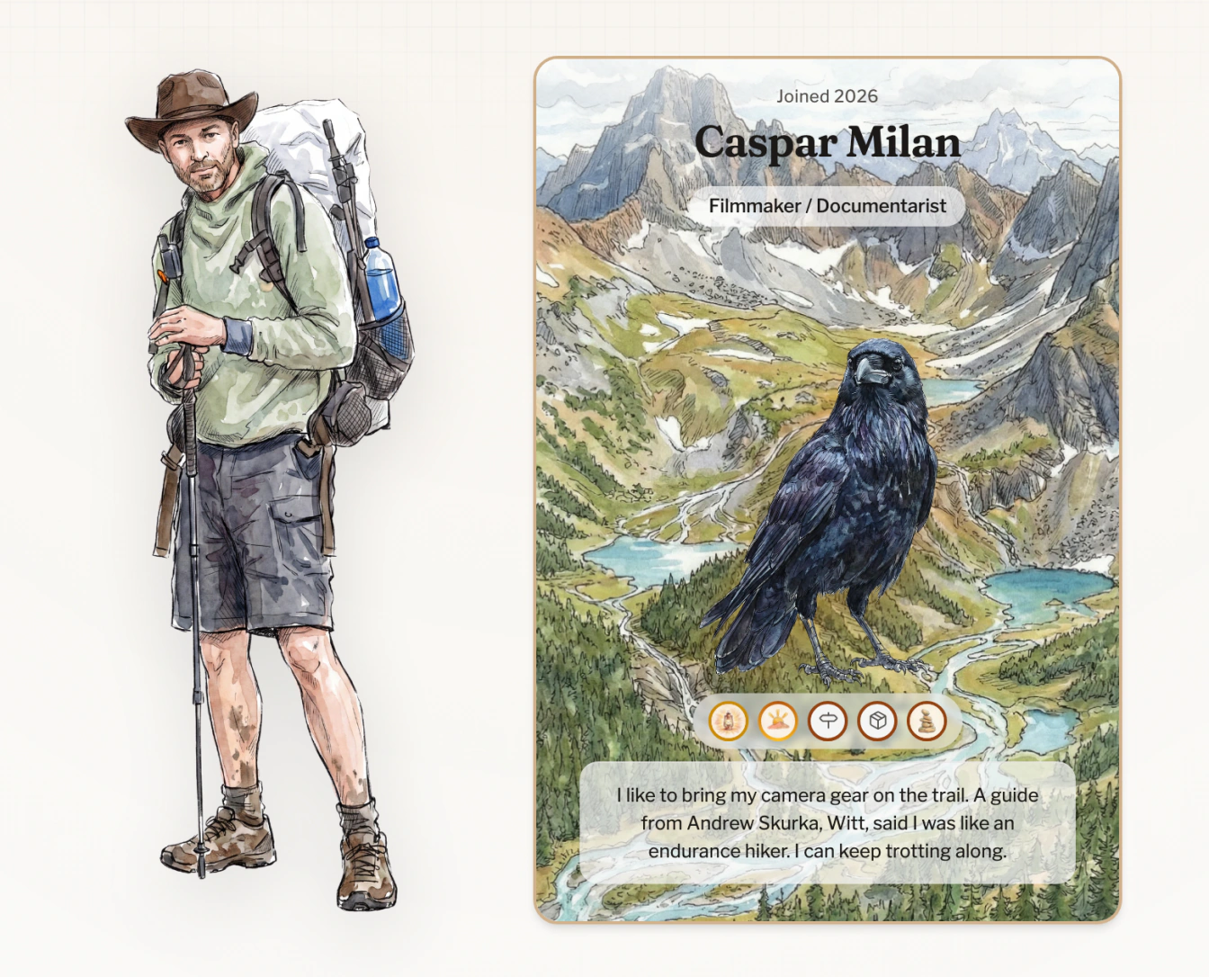 My public profile with a full-length watercolor drawing in a hat and green hoodie beside Caspar Milan's trail card, showing a raven in an alpine valley and five badges